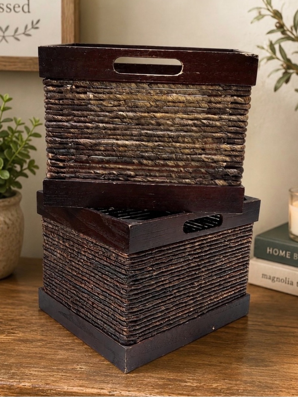 Vintage Set 2 Wood Storage Crates Woven Twine Baskets Rustic Farmhouse Decor